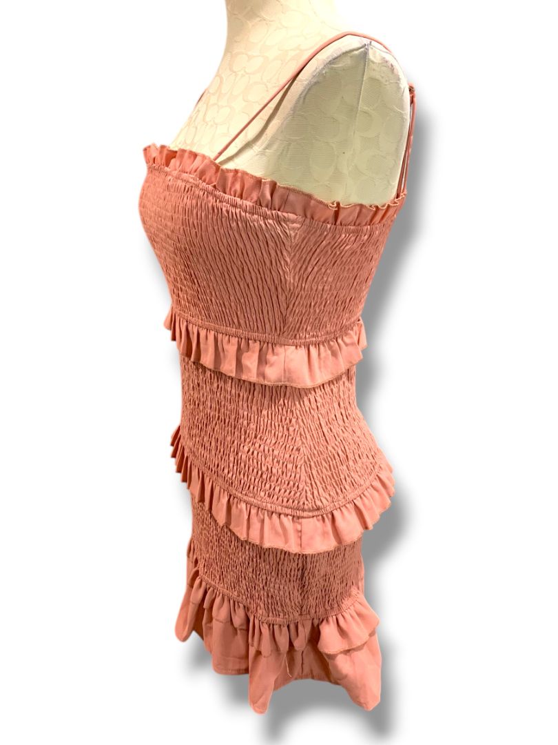 Large Hello Molly Smocked Ruffled Dress Fitted Spaghetti Straps Pink