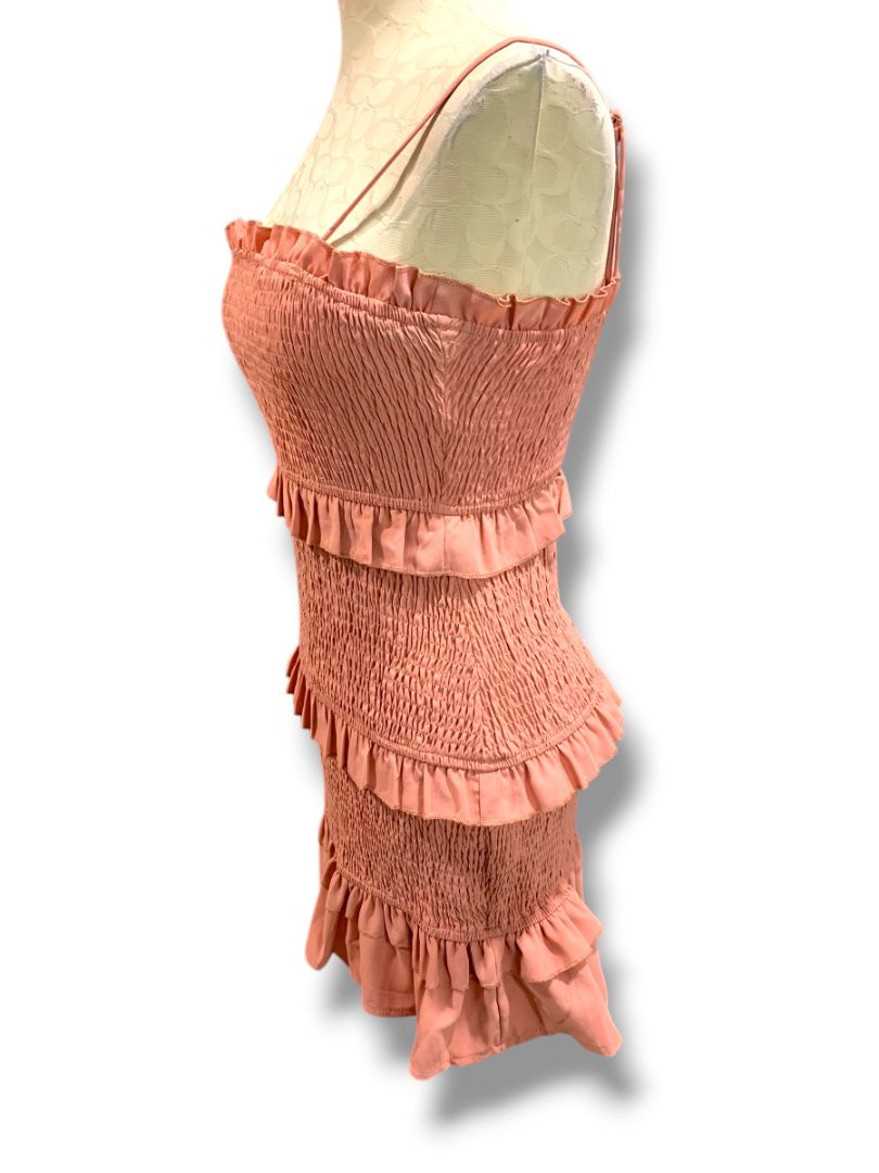 Large Hello Molly Smocked Ruffled Dress Fitted Spaghetti Straps Pink