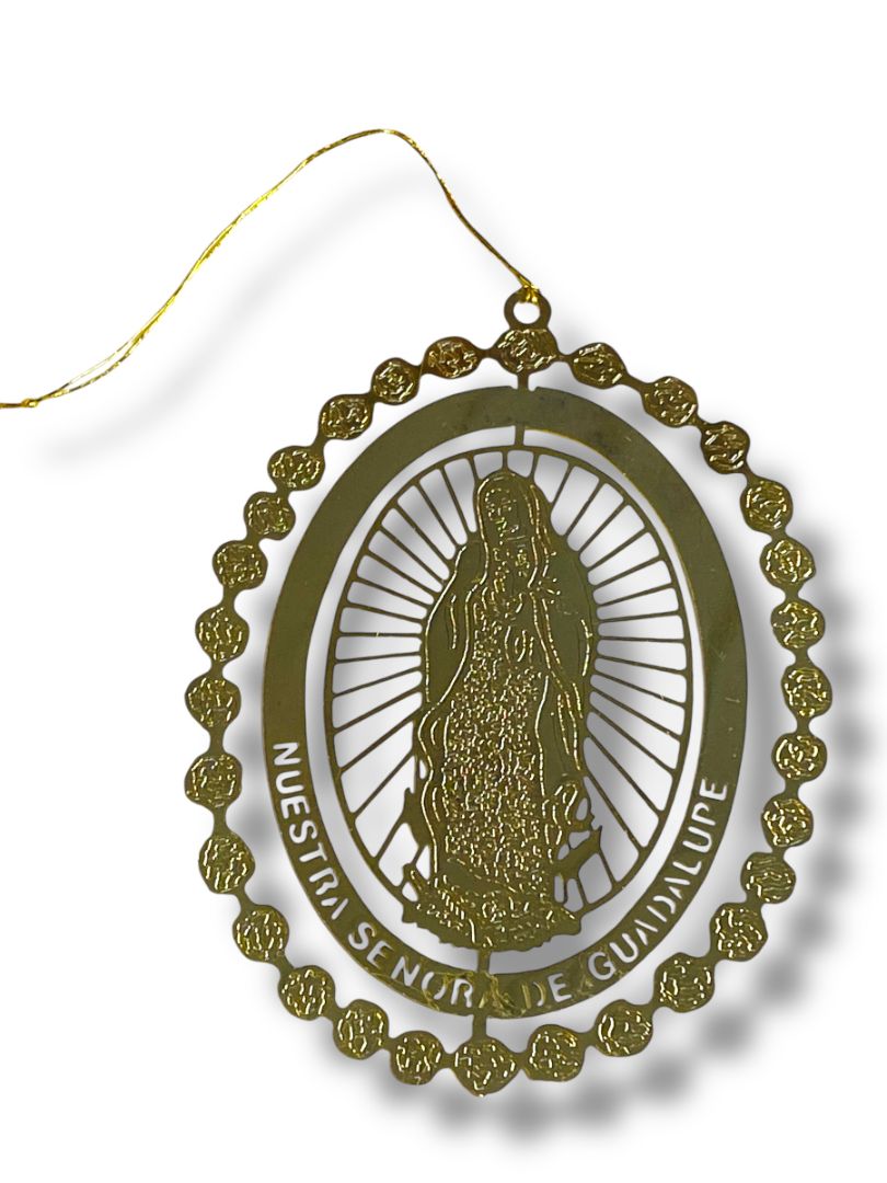 Vintage Goldtone Christmas Ornament Our Lady of Guadalupe 3.5" Lightweight