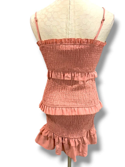 Large Hello Molly Smocked Ruffled Dress Fitted Spaghetti Straps Pink