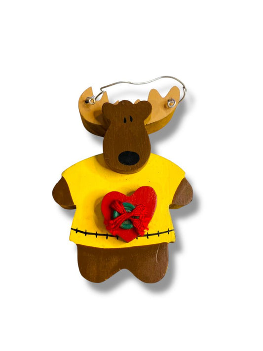 Wooden Moose Holiday Ornament Heart Yellow Shirt 4.4"