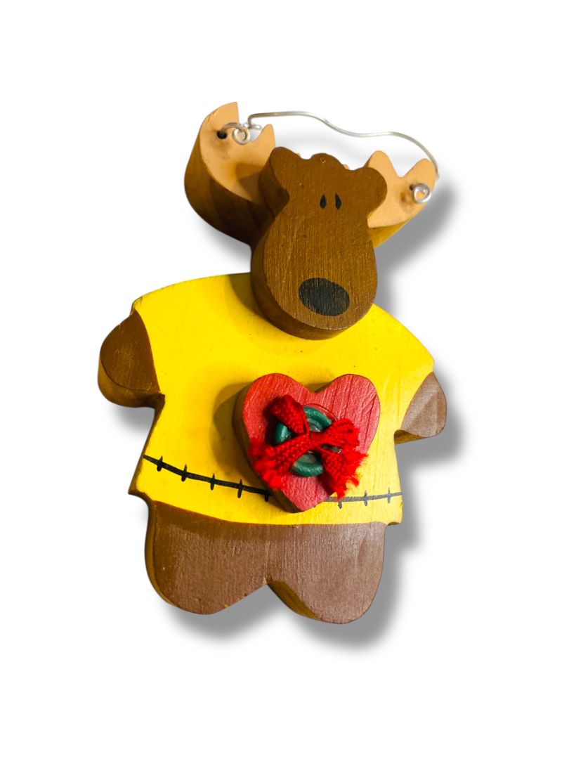 Wooden Moose Holiday Ornament Heart Yellow Shirt 4.4"
