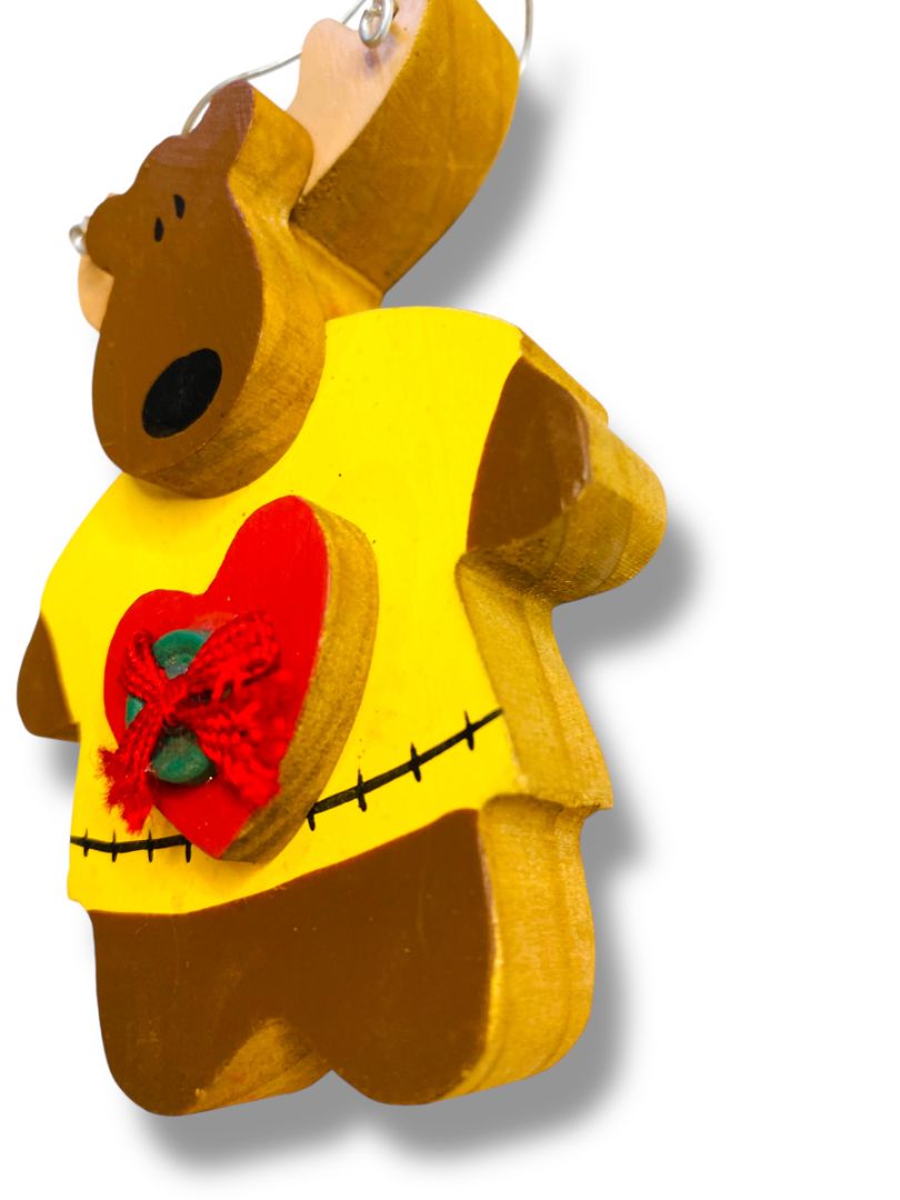 Wooden Moose Holiday Ornament Heart Yellow Shirt 4.4"