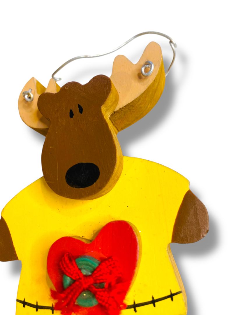 Wooden Moose Holiday Ornament Heart Yellow Shirt 4.4"