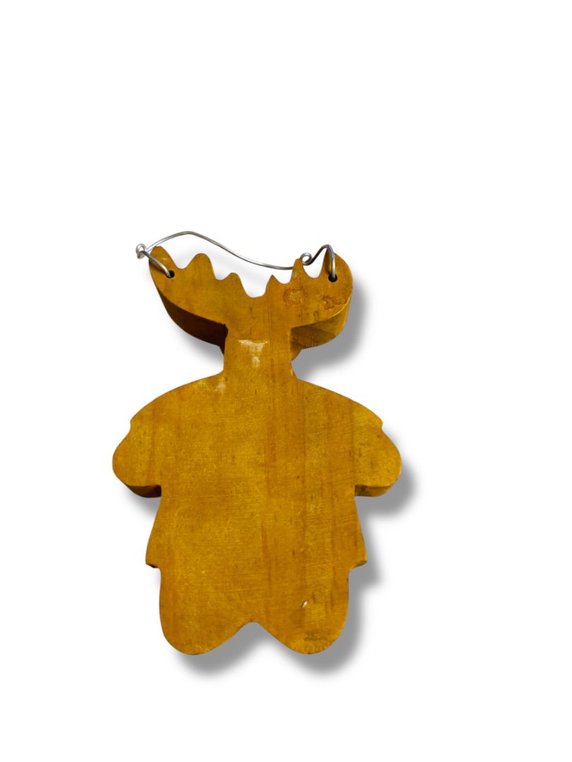 Wooden Moose Holiday Ornament Heart Yellow Shirt 4.4"