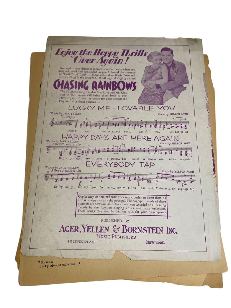 1929 Lucky Me-Lovable You Sheet Music Chasing Rainbows Ager Yellen & Bernstein