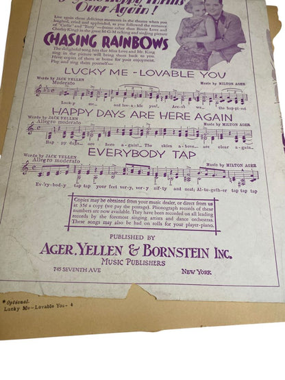 1929 Lucky Me-Lovable You Sheet Music Chasing Rainbows Ager Yellen & Bernstein