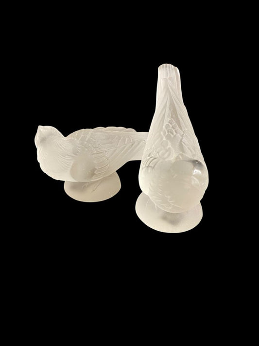 Set of 2 Signed Desna Bohemia Czech Art Glass Satin Crystal Bird Handcrafted 4"l x 2.5"h