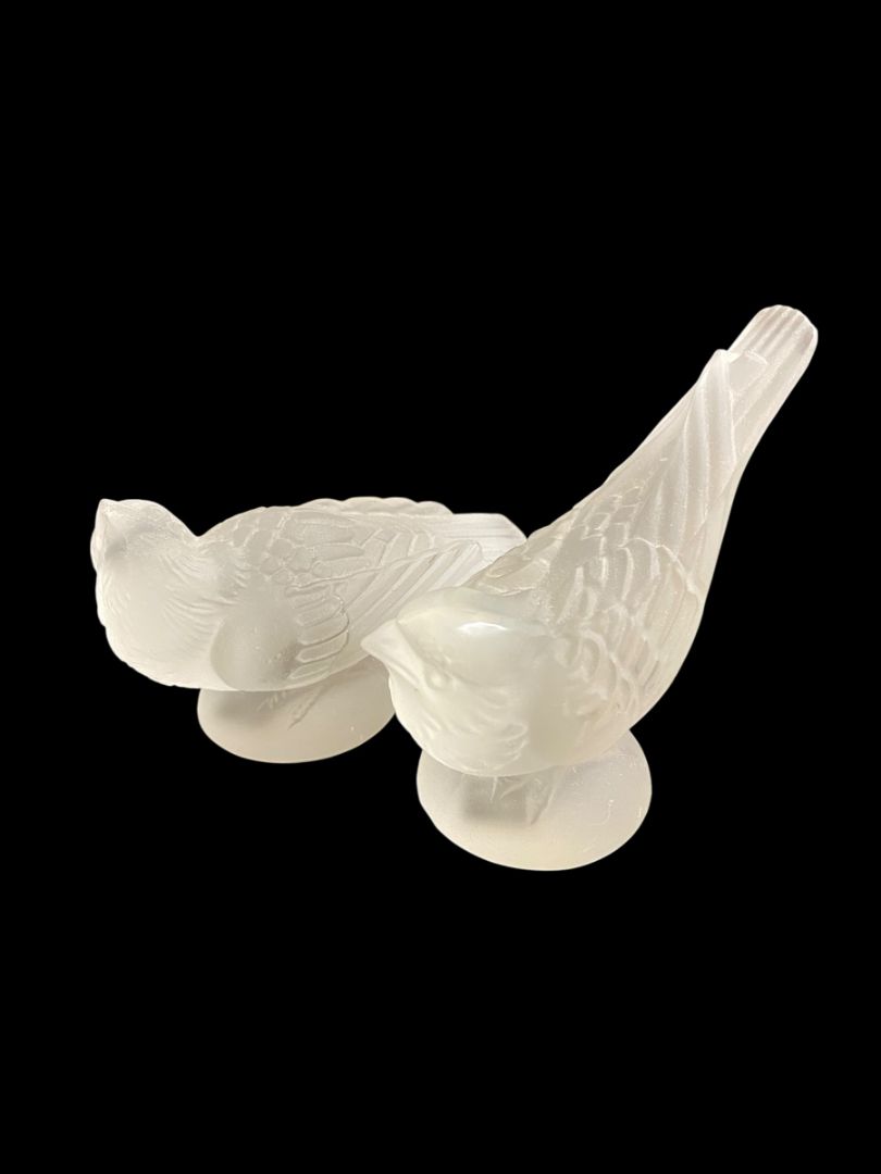 Set of 2 Signed Desna Bohemia Czech Art Glass Satin Crystal Bird Handcrafted 4"l x 2.5"h