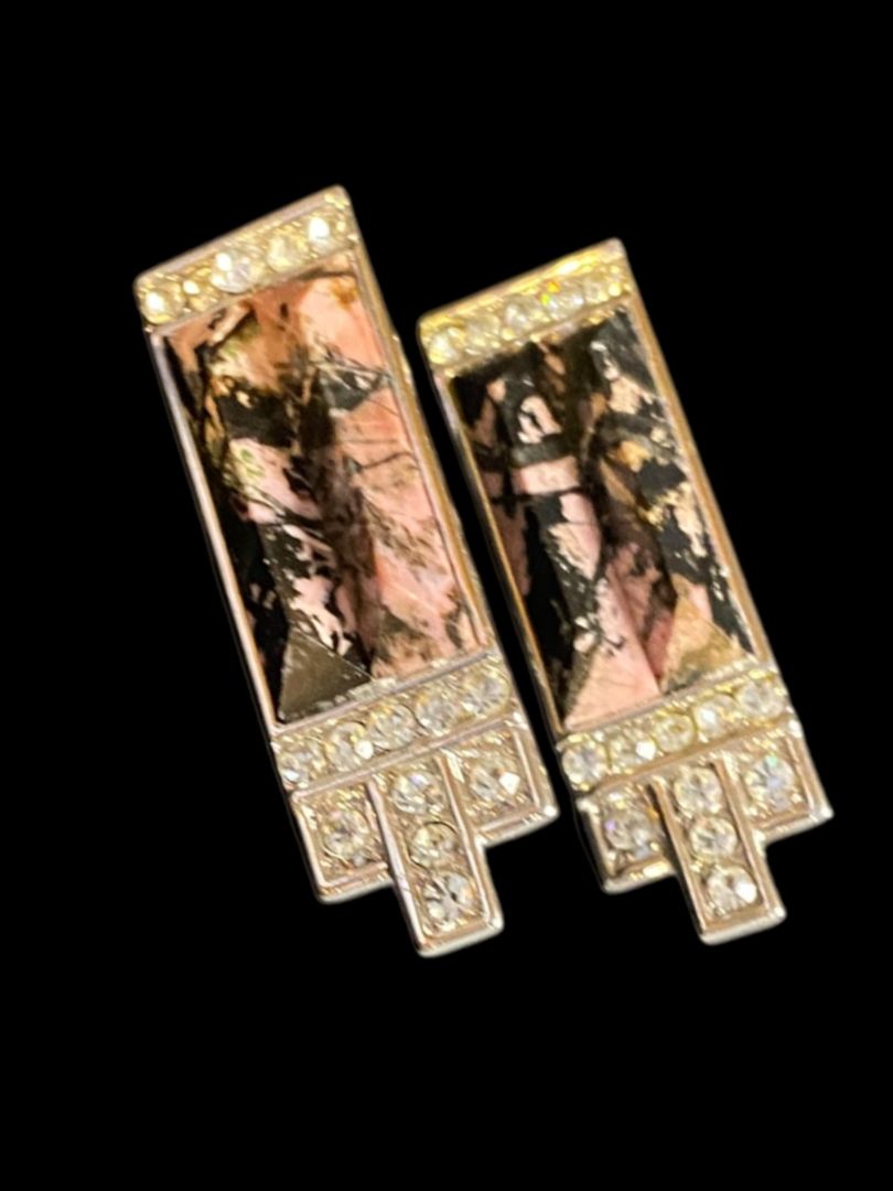 1980s Art Deco Revival Yamada Tokyo Rhodonite Non-Pierced Clip On Earrings Signed