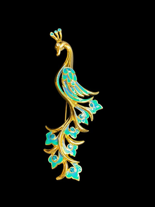 Vintage Bob Mackie Large Sweeping Peacock Brooch Pin Goldtone Enameled 4.5"