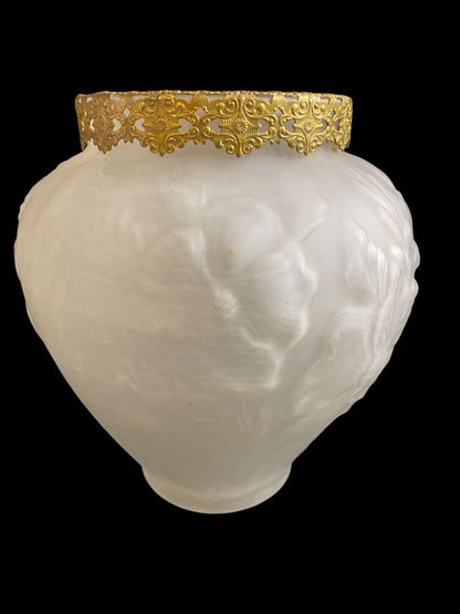 Vintage Art Nouveau Satin Glass Vase Brass Ormolu Fittings Poppy Design 9"