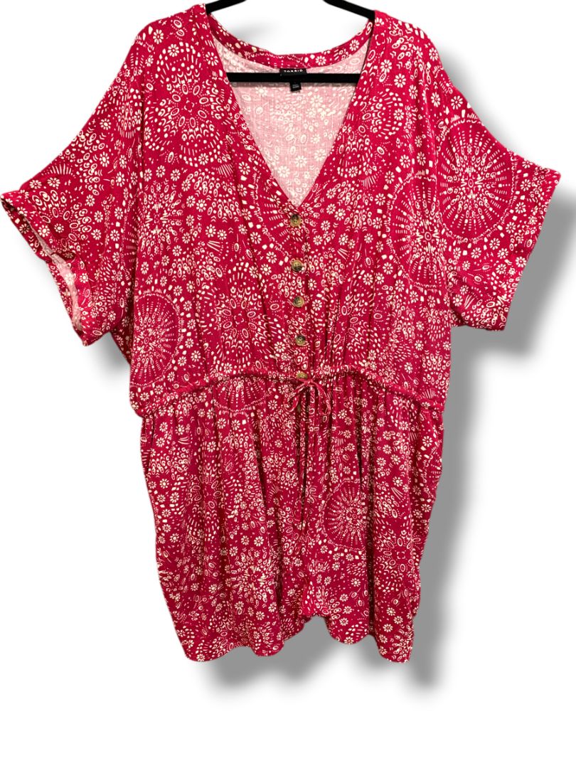 4X Torrid Womens Plus Size Boho Romper Magenta Floral Drawstring Waist V-Neck Pockets