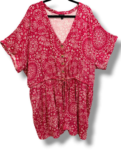 4X Torrid Womens Plus Size Boho Romper Magenta Floral Drawstring Waist V-Neck Pockets