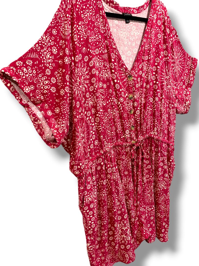 4X Torrid Womens Plus Size Boho Romper Magenta Floral Drawstring Waist V-Neck Pockets