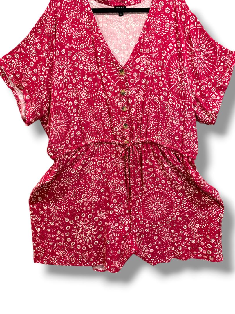 4X Torrid Womens Plus Size Boho Romper Magenta Floral Drawstring Waist V-Neck Pockets
