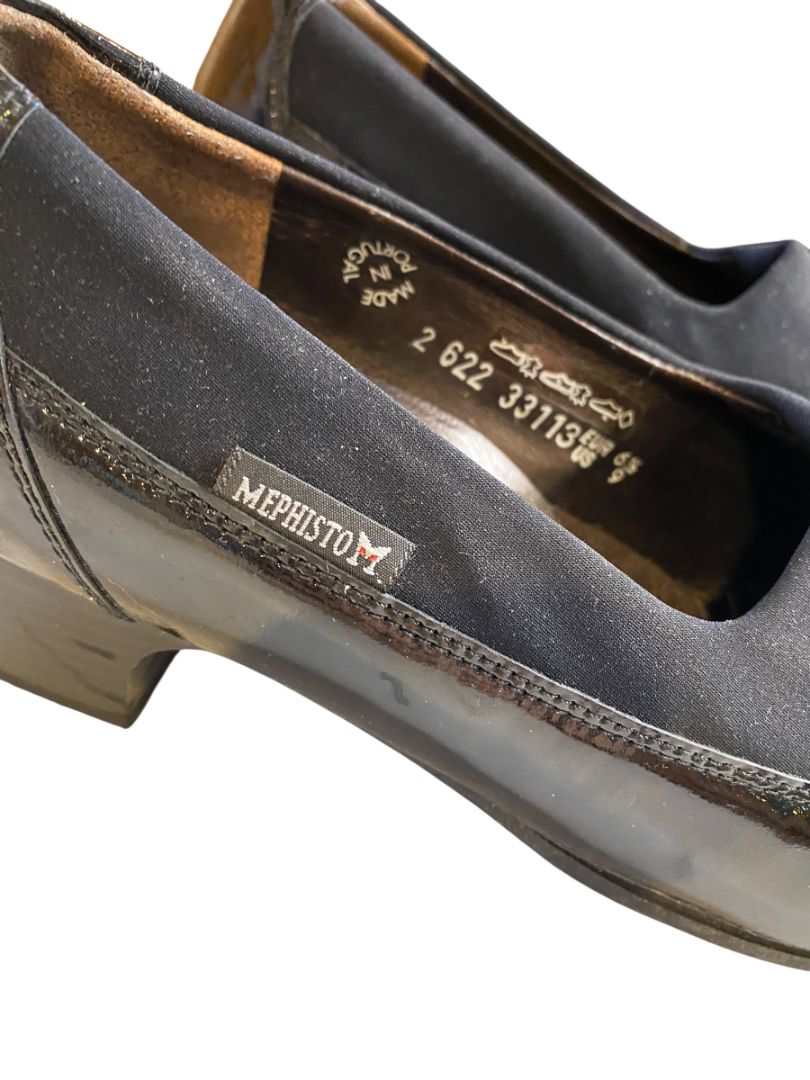 Size 9 (Eur 6.5) Mephisto Womens Slide Mule Black Patent Shoes 2" Block Heels