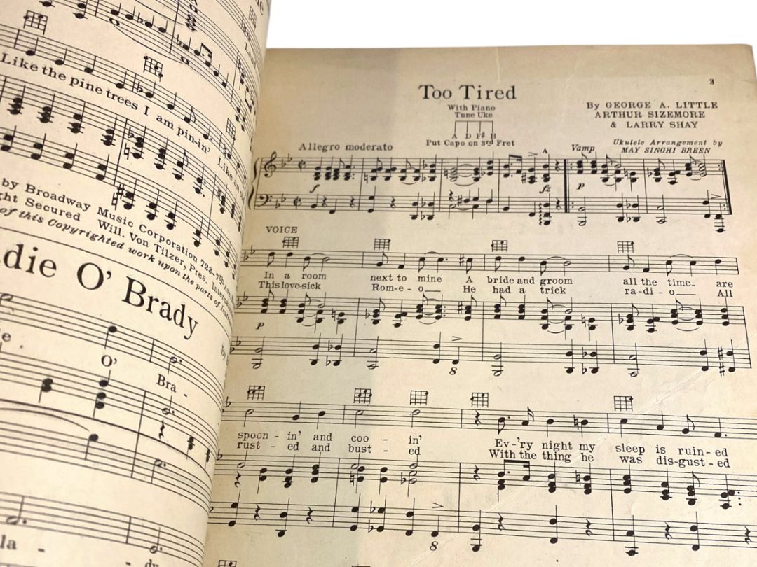 1924 Too Tired Sheet Music with Ukulele Accompaniment Little Sizemore Shay