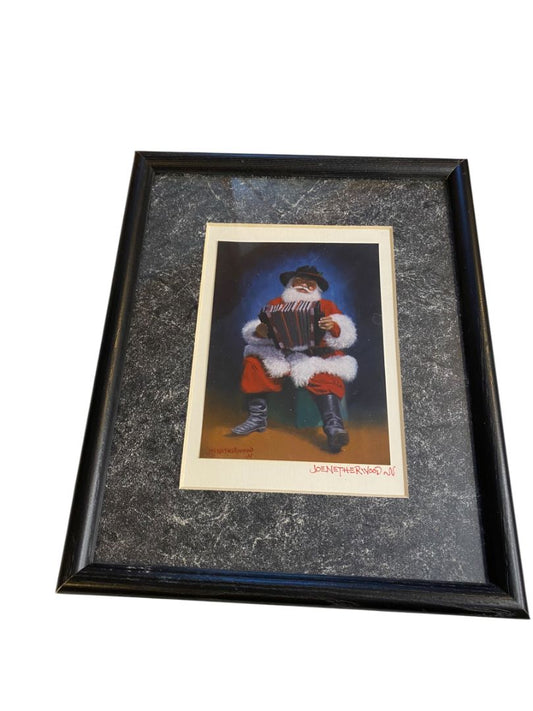 Joe Netherwood Signed Framed Matted Print Santa Print Playing Accordion Vintage 8.75" x 11"