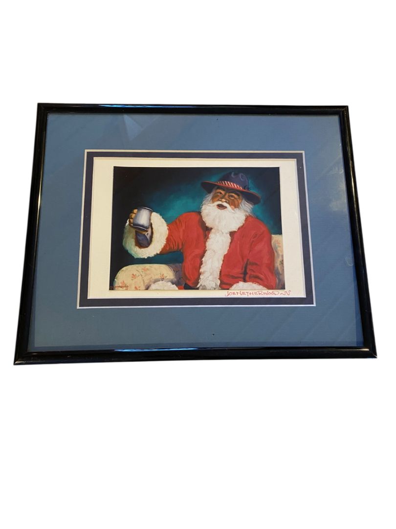 Joe Netherwood Signed Framed Matted Print Western Santa Print Vintage 10.5" x 8.5"