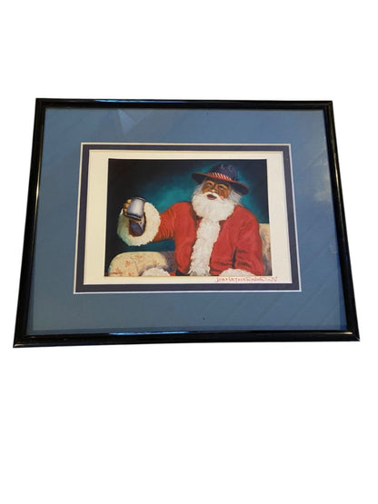 Joe Netherwood Signed Framed Matted Print Western Santa Print Vintage 10.5" x 8.5"