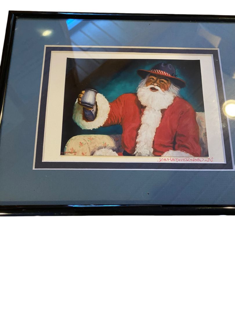 Joe Netherwood Signed Framed Matted Print Western Santa Print Vintage 10.5" x 8.5"