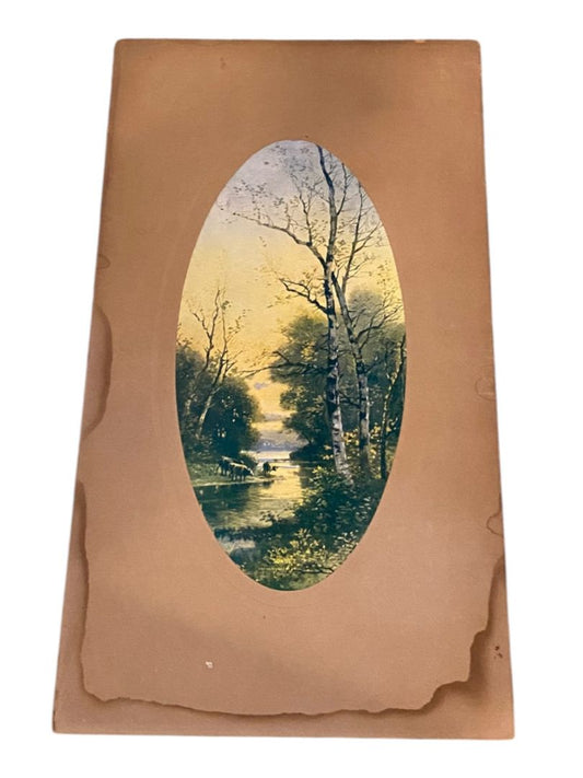 Antique 1905 Chromolithograph Sunset by R. Hill Cattle Grazing River Oval 17.5" x 10"