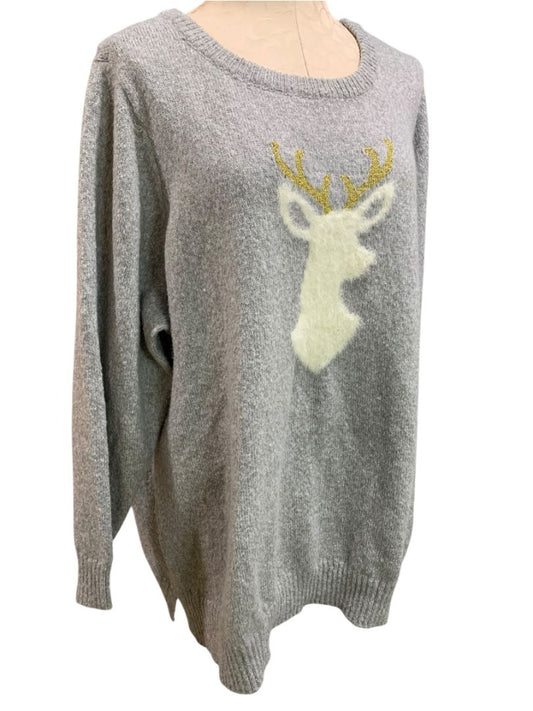 Size 3X Kim Gravel Gray Reindeer Sweater Holiday Gold Antler Womens