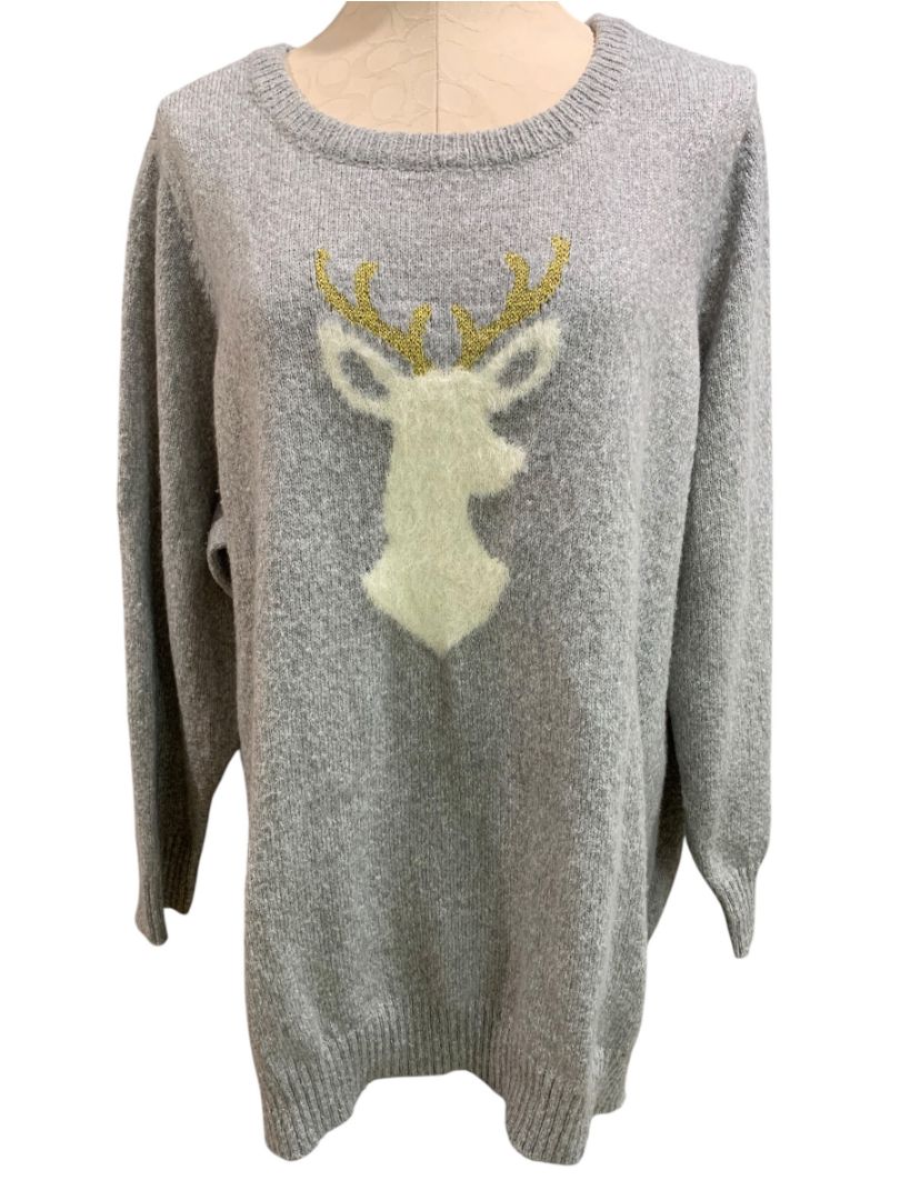 Size 3X Kim Gravel Gray Reindeer Sweater Holiday Gold Antler Womens