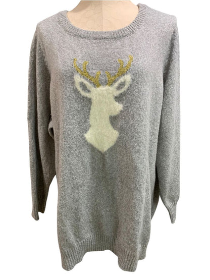 Size 3X Kim Gravel Gray Reindeer Sweater Holiday Gold Antler Womens