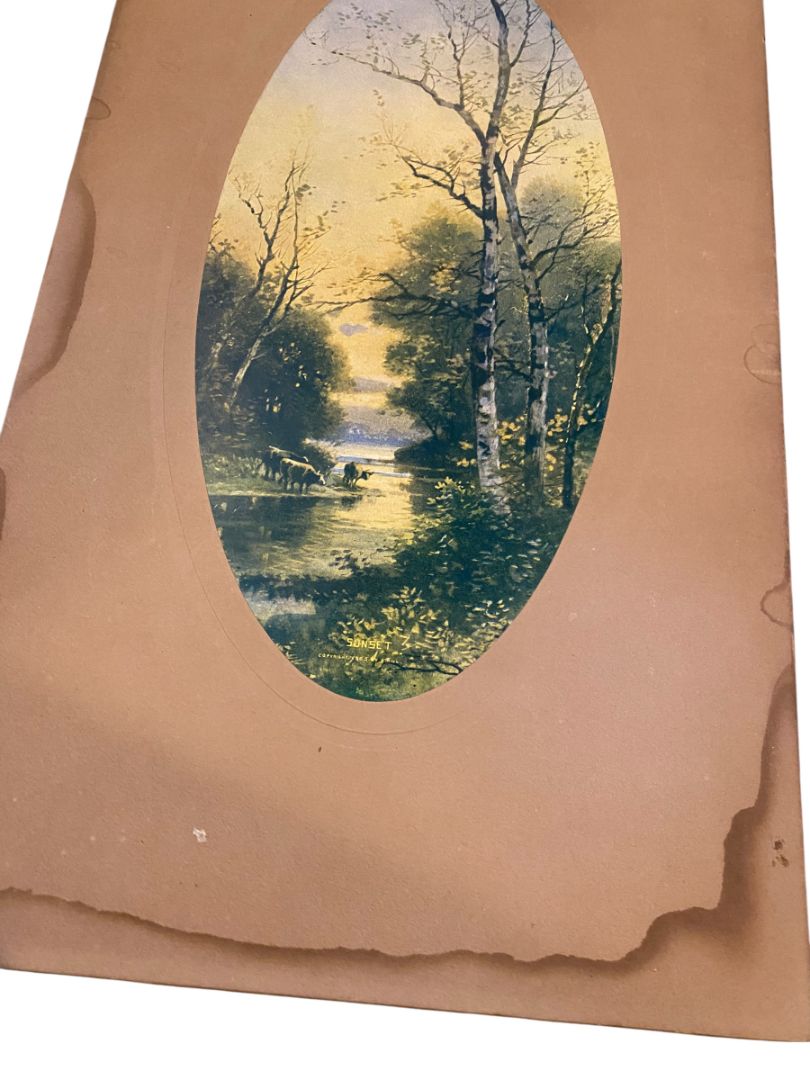 Antique 1905 Chromolithograph Sunset by R. Hill Cattle Grazing River Oval 17.5" x 10"