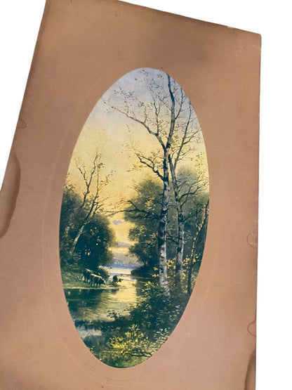 Antique 1905 Chromolithograph Sunset by R. Hill Cattle Grazing River Oval 17.5" x 10"