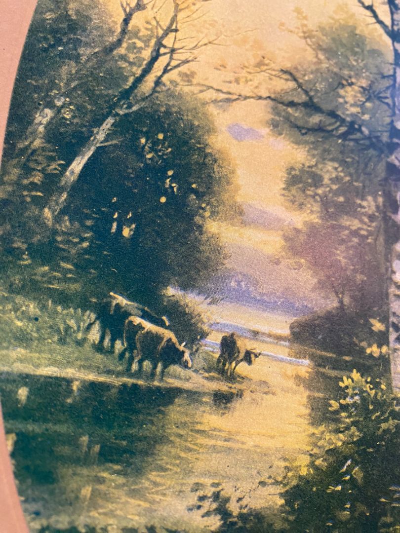 Antique 1905 Chromolithograph Sunset by R. Hill Cattle Grazing River Oval 17.5" x 10"