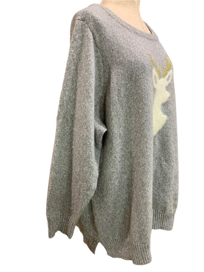 Size 3X Kim Gravel Gray Reindeer Sweater Holiday Gold Antler Womens