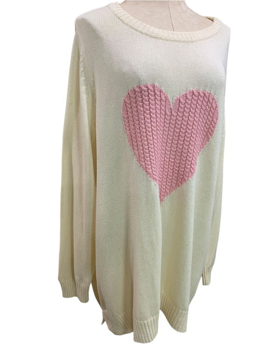 Size 3X Belle by Kim Gravel Womens Cream Knit Pink Heart Sweater