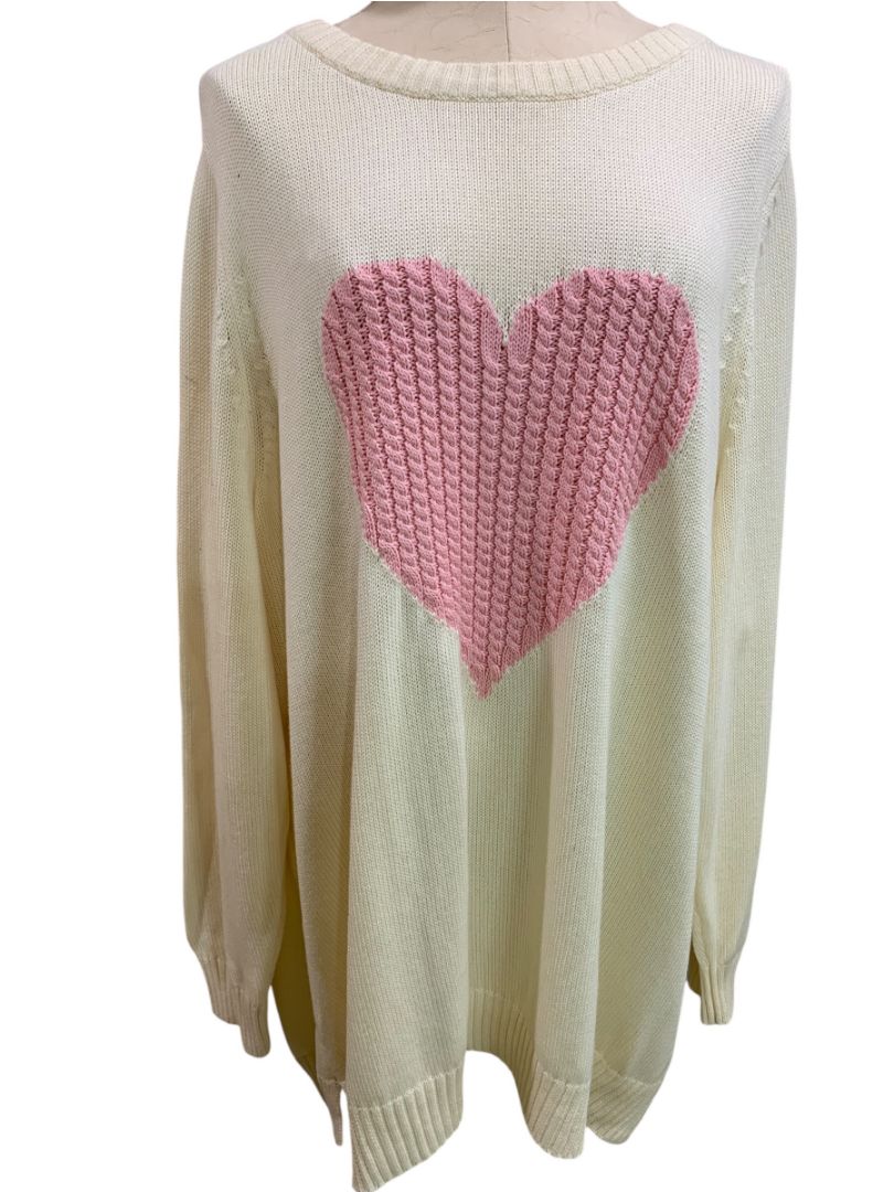 Size 3X Belle by Kim Gravel Womens Cream Knit Pink Heart Sweater
