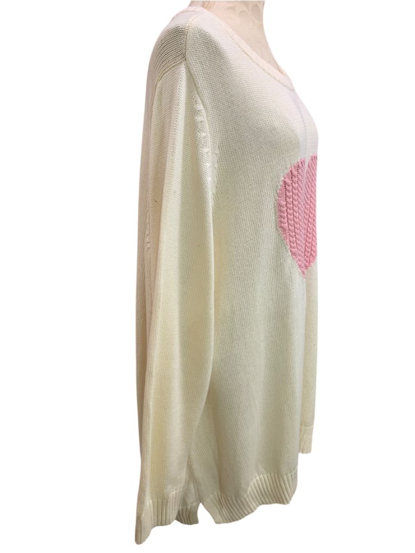 Size 3X Belle by Kim Gravel Womens Cream Knit Pink Heart Sweater