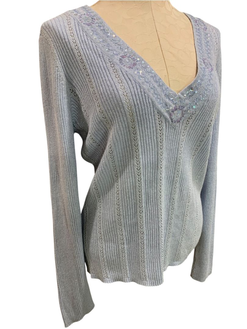 Size XL New York & Co Womens New Ice Blue Embellished V-Neck Sweater