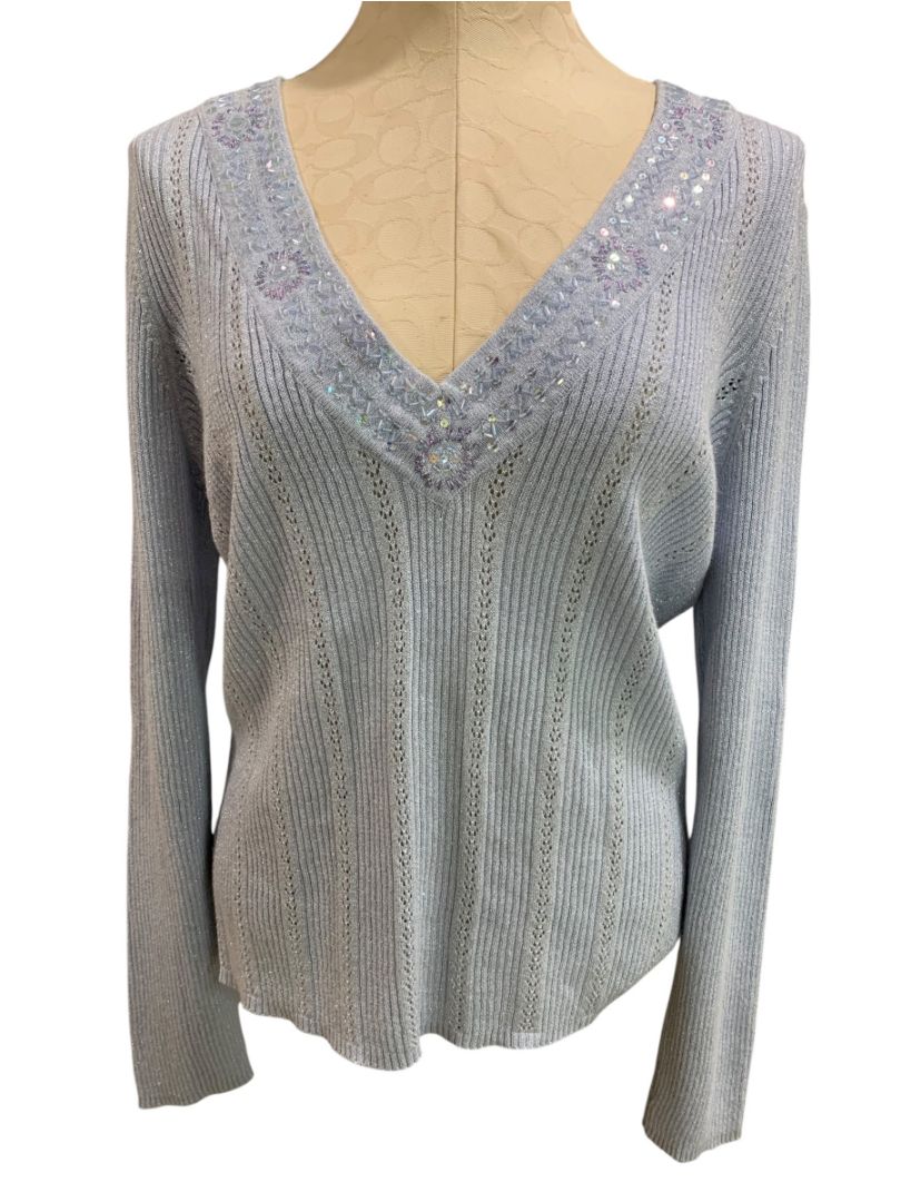 Size XL New York & Co Womens New Ice Blue Embellished V-Neck Sweater
