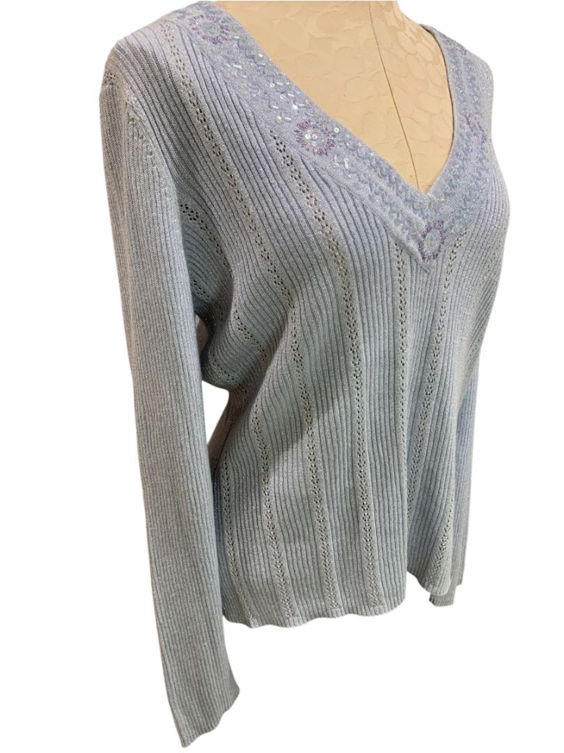 Size XL New York & Co Womens New Ice Blue Embellished V-Neck Sweater