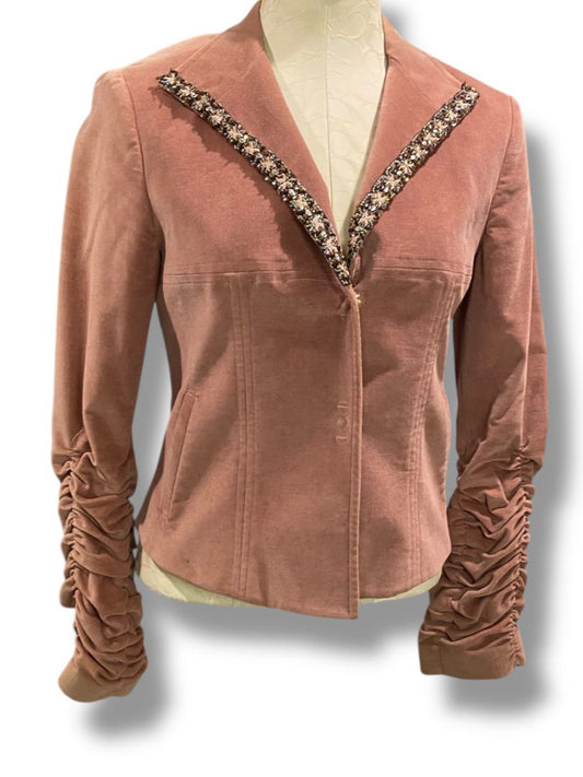 Size 6 Antonio D'errico Italy Womens Mauve Velvet Lined Blazer Rouched Sleeves Beaded