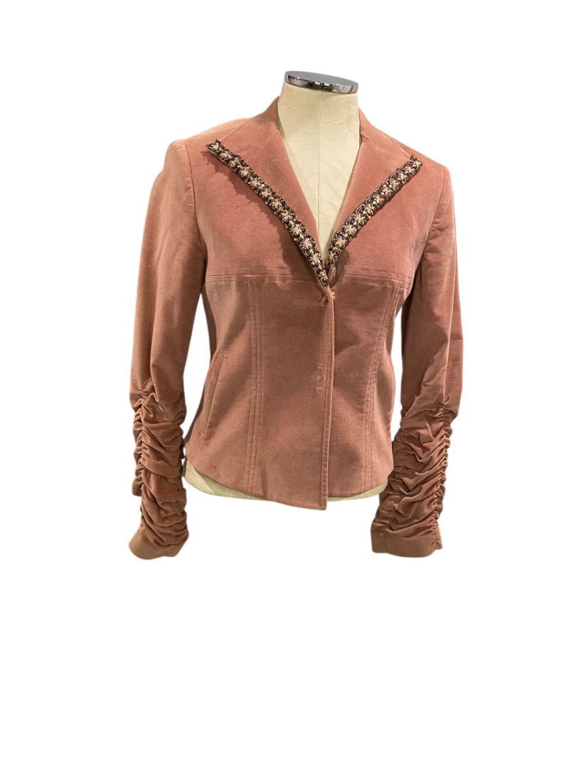 Size 6 Antonio D'errico Italy Womens Mauve Velvet Lined Blazer Rouched Sleeves Beaded