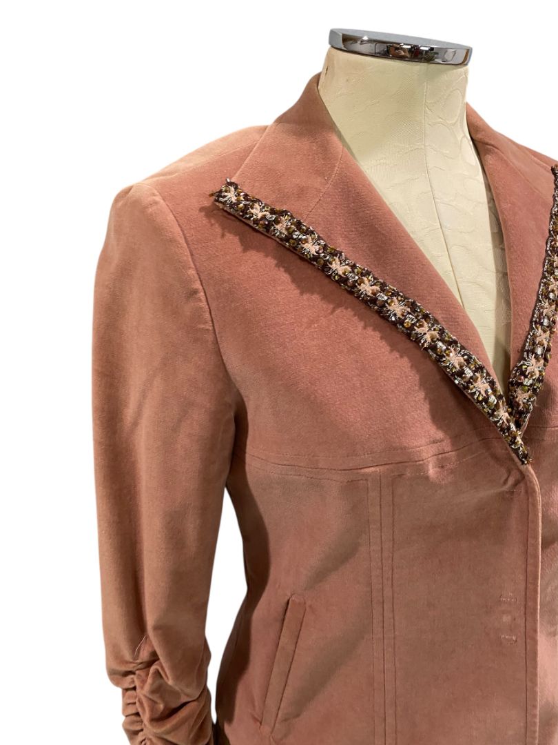 Size 6 Antonio D'errico Italy Womens Mauve Velvet Lined Blazer Rouched Sleeves Beaded