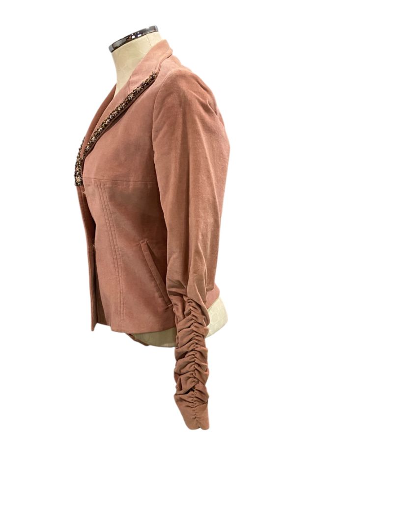 Size 6 Antonio D'errico Italy Womens Mauve Velvet Lined Blazer Rouched Sleeves Beaded