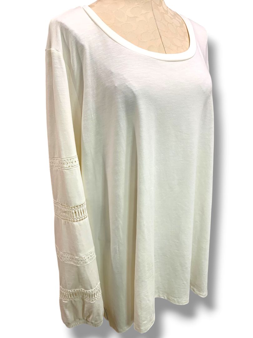 Size 3X Belle Boho Kim Gravel Long Sleeve Womens Plus Shirt Ivory Crochet Detail