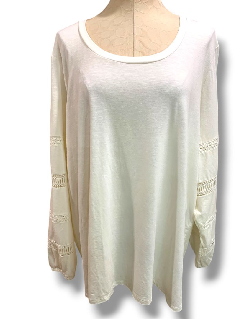 Size 3X Belle Boho Kim Gravel Long Sleeve Womens Plus Shirt Ivory Crochet Detail