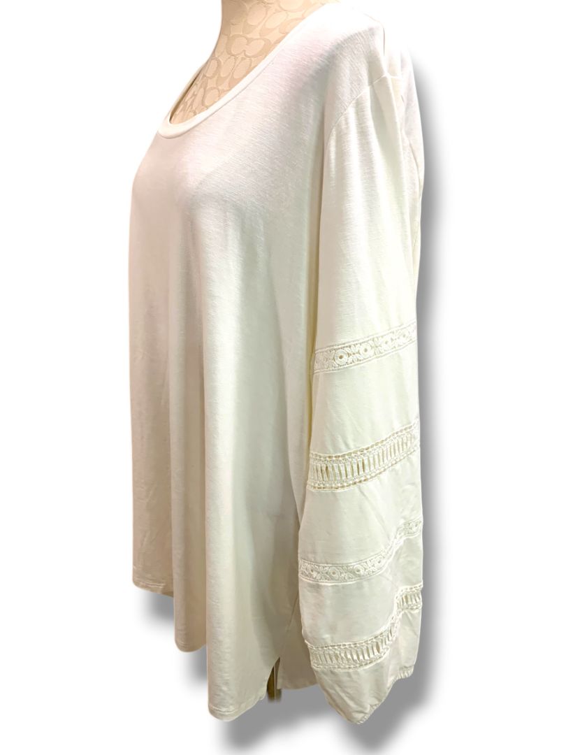 Size 3X Belle Boho Kim Gravel Long Sleeve Womens Plus Shirt Ivory Crochet Detail