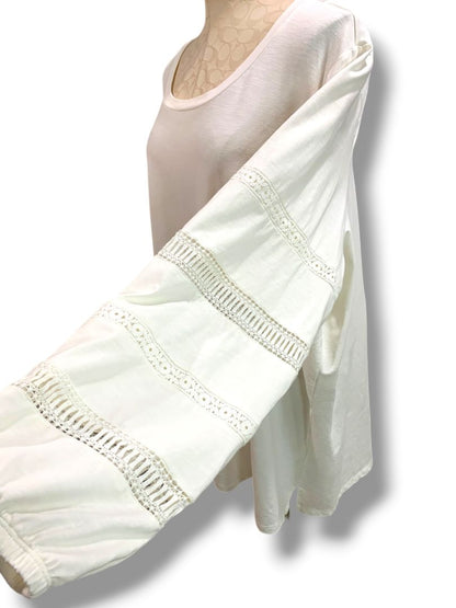 Size 3X Belle Boho Kim Gravel Long Sleeve Womens Plus Shirt Ivory Crochet Detail