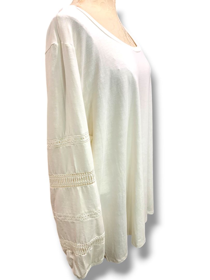 Size 3X Belle Boho Kim Gravel Long Sleeve Womens Plus Shirt Ivory Crochet Detail