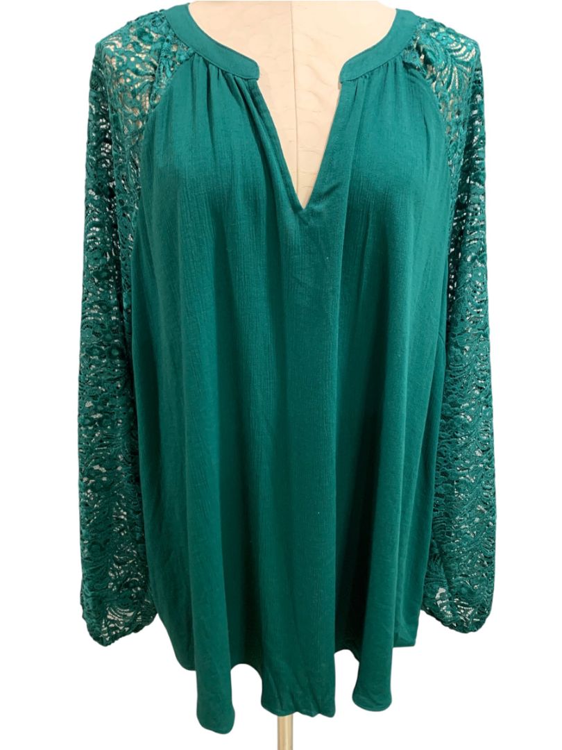 Size 4X Torrid Womens New Emerald Green Lace Sleeve Blouse V-Neck